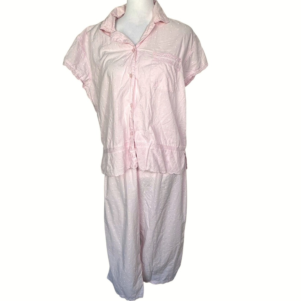 ME Women's Medium Vintage 100% Cotton Pink Swiss Dot Eyelet Lace Pajama Set PJs